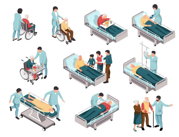 Anziani Sottoposti Trattamento Cura Ospedale Insieme Isometrico Isolato Illustrazione Vettoriale — Vettoriale Stock