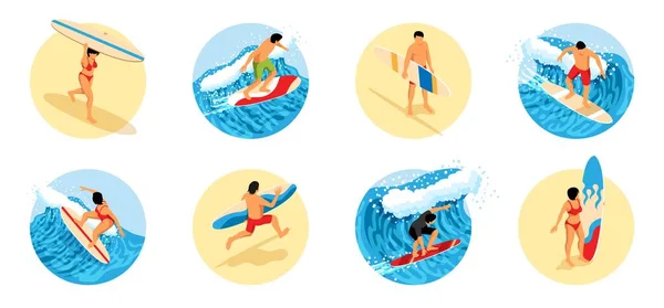 サーフィンは サーフボード単離ベクターイラストで大きな波をキャッチする男性と女性との幾何学的な丸い構成 — ストックベクタ