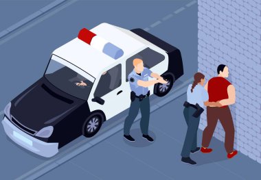 Devriye arabalı arka sokak manzaralı Isome polis kompozisyonu ve iki silahlı polis memuru suç vektörü illüstrasyonunu tutukluyor.
