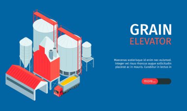 Düzenlenebilir metin kaydıracı ile Isometric tahıl asansör yatay afişi daha fazla düğme ve fabrika binaları görüntü vektör ilüstrasyon