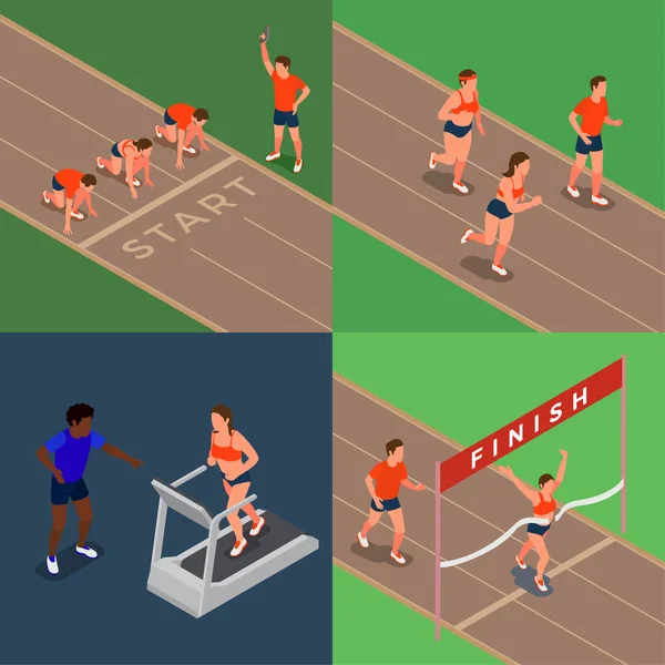 Running People 2X2 Design Concept Marathon Runners Woman Jogging Treadmill — Stockový vektor