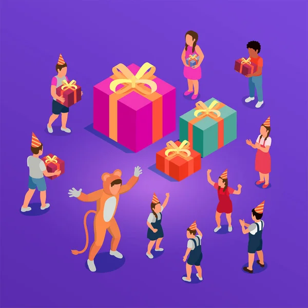 Birthday Party Isometric Composition Children Dancing Getting Presents Having Fun — Stock Vector