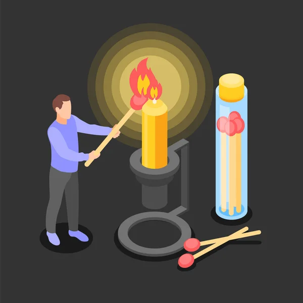 Power Outage Isometric Design Concept Man Lighting Big Candle Giant — Stock Vector