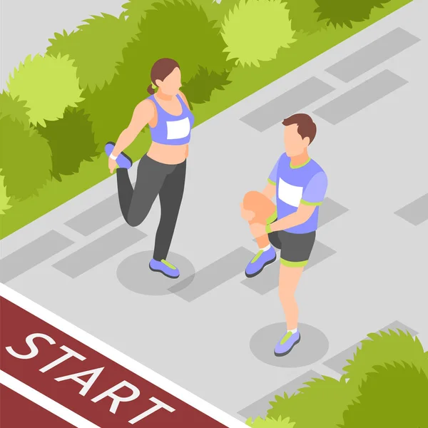 Marathonstart Isometrischer Hintergrund Mit Zwei Läufern Die Sich Vor Dem — Stockvektor