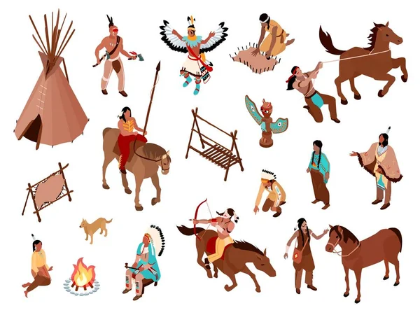 Isométricos Indios Americanos Con Iconos Aislados Instrumentos Trabajo Antiguos Viviendas — Archivo Imágenes Vectoriales