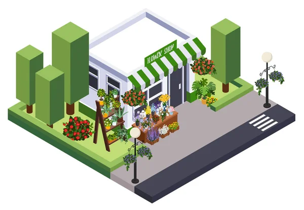 花屋の都市イベントフラワーデコレーションは ショーケースベクターイラスト付きの花屋の建物の孤立した眺めと幾何学的な構成 — ストックベクタ