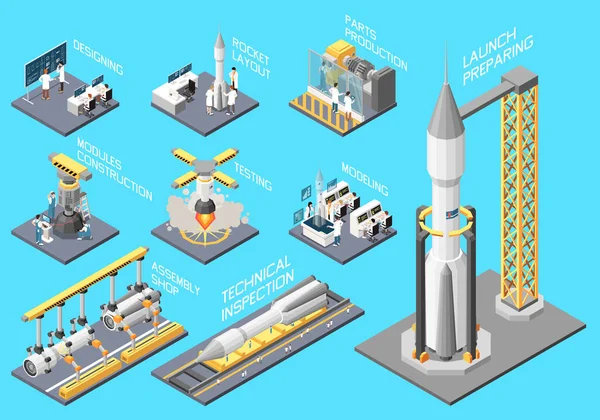 Conjunto Isométrico Construcción Cohetes Con Nave Espacial Diseñando Lanzando Ilustración — Vector de stock