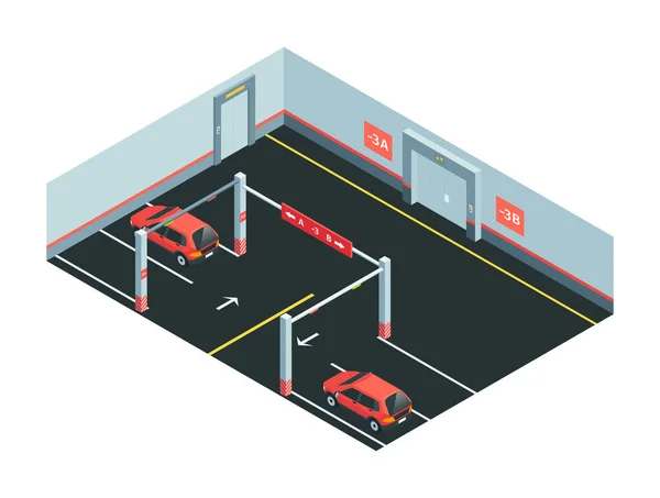 Isometrische Parkkomposition Mit Isoliertem Blick Auf Tiefgaragen Mit Autos Und — Stockvektor