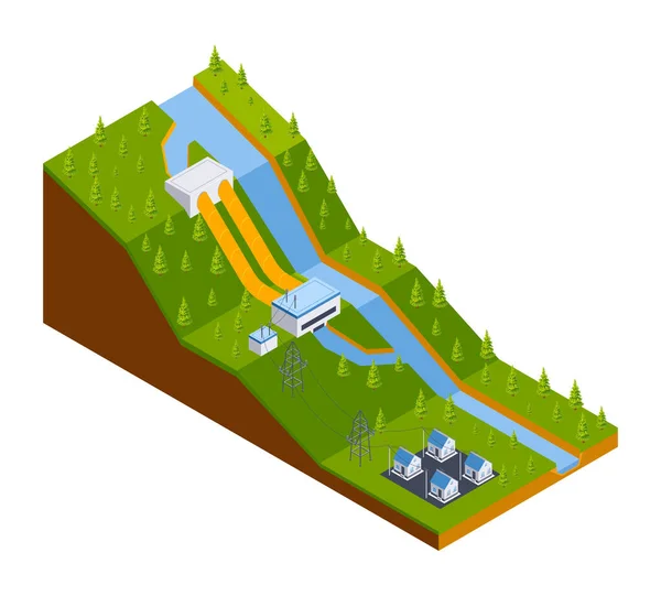 Isometric Hidroelektrik Komposisi Pembangkit Listrik Dengan Pandangan Terisolasi Unit Derivasi - Stok Vektor