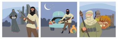İslami intihar bombacıları ve silahlı adamların bulunduğu üç kare terörist terör eylemi.