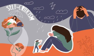 Özeleştiri düz kolaj karalama yağmurlu bulutlar ve izole edilmiş vektör illüstrasyonunda zihinsel sorunları olan insanlar