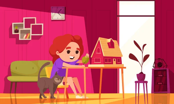 Kinder Kreative Hobbys Cartoon Konzept Mit Mädchen Machen Papphaus Vektor — Stockvektor