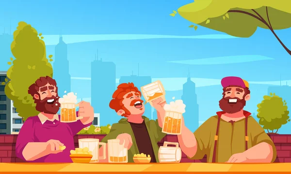 Birra Cartoni Animati Poster Con Felici Maschi Bere All Aperto — Vettoriale Stock