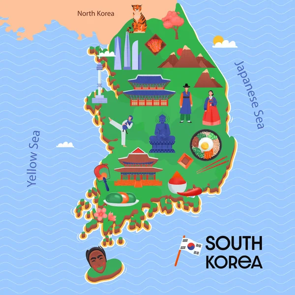 Komposisi Peta Korea Selatan Dengan Peta Dengan Atraksi Utama Negara - Stok Vektor