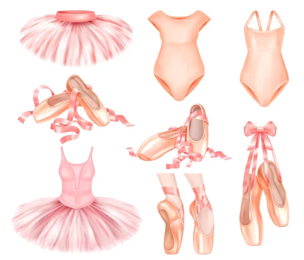 Conjunto Realista Elegantes Faldas Tutú Ballet Botas Body Aislado Sobre — Archivo Imágenes Vectoriales