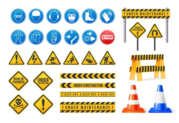 Warning Safety Construction Signs Barriers Realistic Set Isolated White Background — Stock Vector