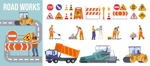 道路修理 重機の道路標識と地理的および道路作業を行う人々から構成される平らな構成 ベクトル図 — ストックベクタ