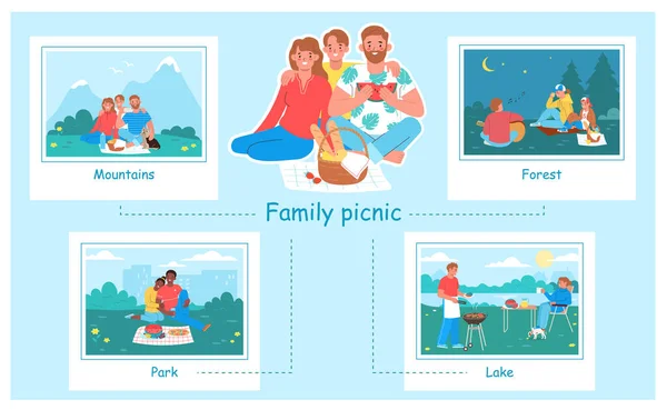 Flache Infografik Zeigt Orte Für Ein Familienpicknick Mit Glücklichen Menschen — Stockvektor