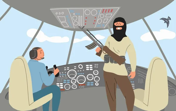 Terroryzm Terror Płaski Skład Widokiem Kabiny Samolotu Pilotem Uzbrojony Bandyta — Wektor stockowy