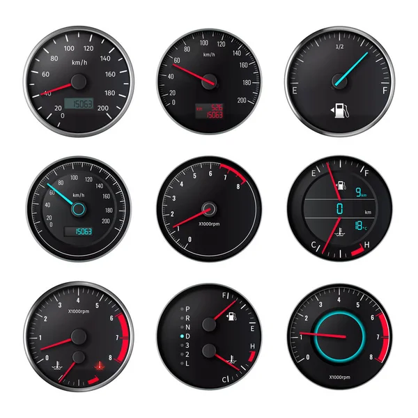Speedometer Realistic Set Isolated Icons Arrows Numbers Odometer Fuel Meter — Stock Vector