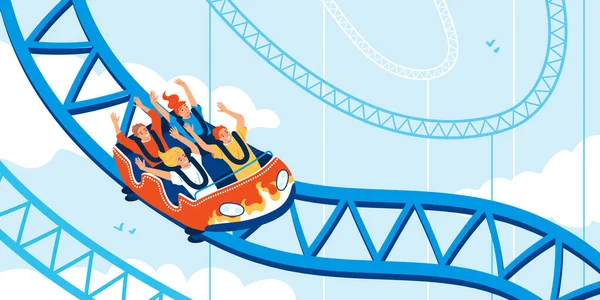 Podekscytowani Ludzie Jazda Roller Coaster Parku Rozrywki Płaski Wektor Ilustracji — Wektor stockowy