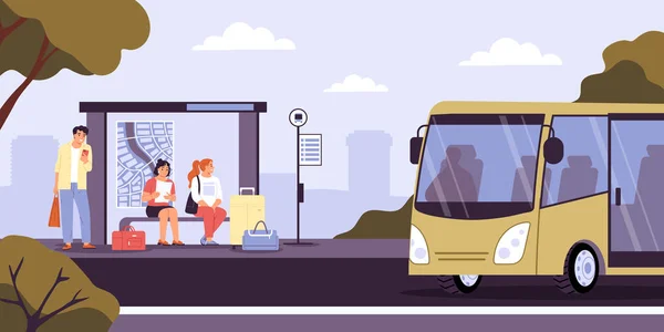 Mensen Met Koffers Wachten Bus Comfortabele Stop Vlakke Vector Illustratie — Stockvector