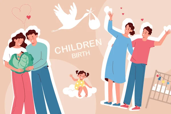 儿童出生时与快乐父母在白菜飞行鹤宝宝的平面拼贴彩色背景图解 — 图库矢量图片