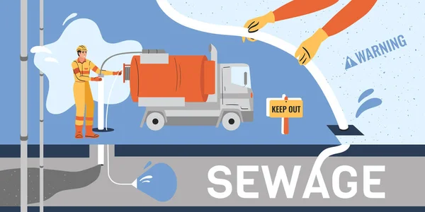 Sewerage Water Pipe Composition Collage Flat Icons Pump Truck Warning — Stock Vector