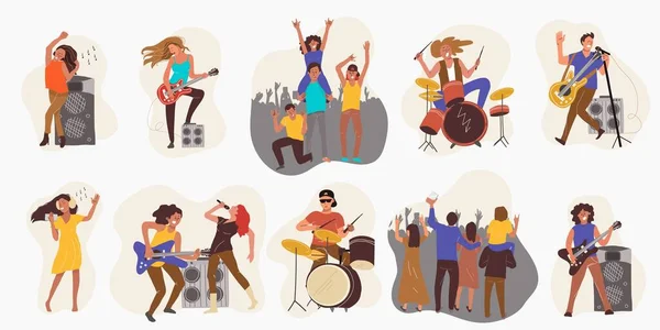 Conjunto Personas Tocando Escuchando Música Rock Bailando Conciertos Aislados Ilustración — Archivo Imágenes Vectoriales