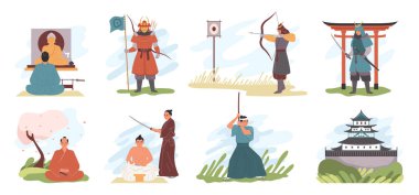 Geleneksel Japon kıyafetleri ve sembolleriyle izole edilmiş vektör illüstrasyonunda Samuray düz simgeleri.