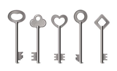 Gerçekçi simgeler gümüş metal renk izole vektör illüstrasyonunda vintage biçim tuşlarına ayarlandı