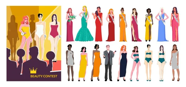 Concours Beauté Coloré Isolé Composition Plate Différentes Femmes Robes Bikini — Image vectorielle
