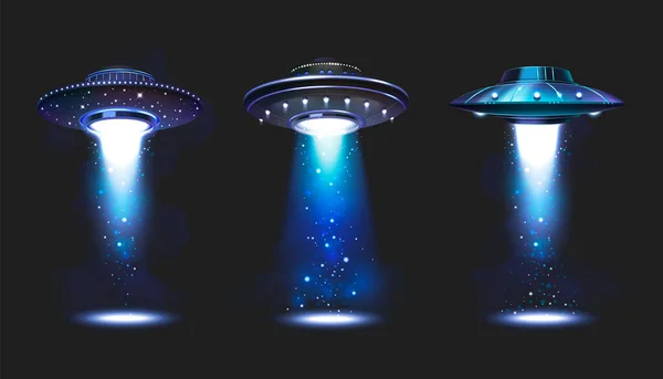 Ufo Ruimtevaartuigen Pictogrammen Ingesteld Met Vliegende Schotels Projecteren Blauwe Stralen — Stockvector