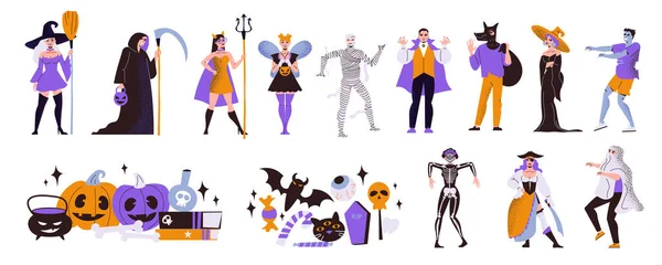 Set Halloween Con Composiciones Aisladas Varios Accesorios Festivos Calabazas Personajes — Vector de stock