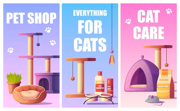 Conjunto Banners Verticais Desenhos Animados Para Pet Shop Com Mercadorias — Vetor de Stock