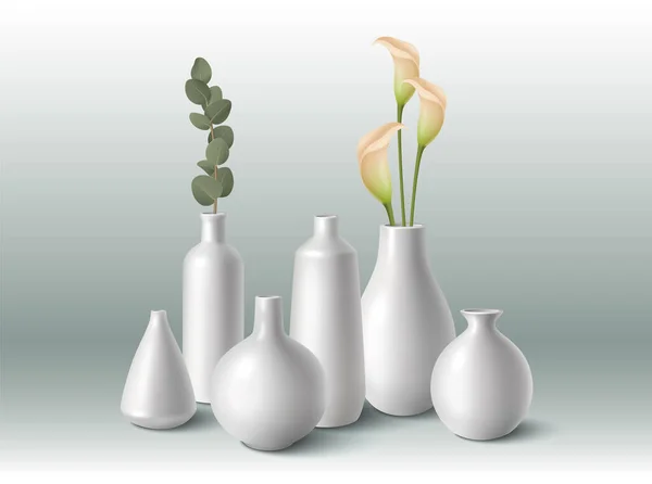 White Porcelain Vases Different Shape Flowers Realistic Vector Illustration — Stock Vector