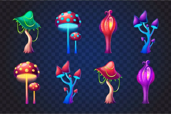 Cartoon Set Colorful Fantasy Magic Mushrooms Isolated Transparent Background Vector — Stock Vector