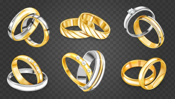 Realistický Prsten Izolovanými Ozdobnými Šperky Stříbrné Zlaté Kroužky Párech Průhledném — Stockový vektor