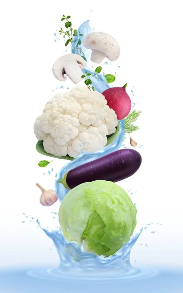 Fruits Légumes Éclaboussures Composition Réaliste Gouttes Eau Avec Coupe Tombante — Image vectorielle
