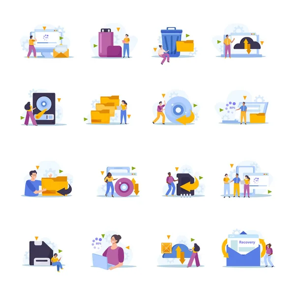 Tiny People Back Data Recover Files Flat Icons Set Isolated — Stock Vector