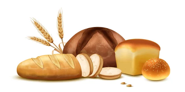 新鮮な小麦とライ麦パンのベクターイラストの現実的なベーカリー構成 — ストックベクタ