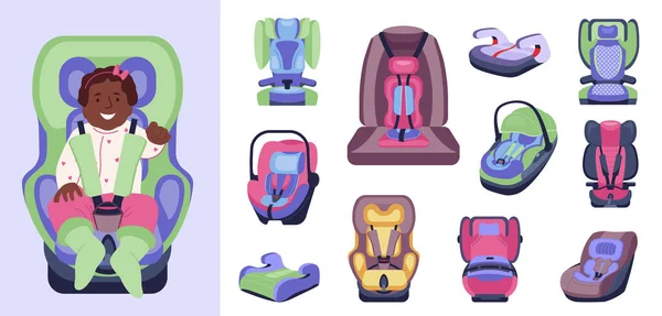 さまざまなサイズと色のベクターのイラストと空白の背景に平らな安全シートを設定した子供の車の座席 — ストックベクタ