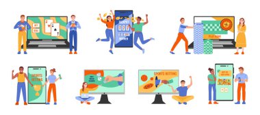 Karalama insan karakterleri ve alet ikonlarının izole kompozisyonlarıyla kumar çevrimiçi düz set vektör illüstrasyonu