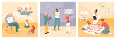 Psikolojik problem sembolleriyle sanat terapisi seti düz izole vektör çizimi