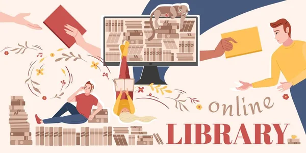 Composizione Libreria Online Con Collage Icone Piatte Righe Libri Sullo — Vettoriale Stock