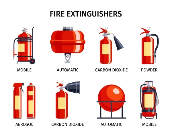 Izolált Ikonok Tűzoltó Készülékkészlete Szerkeszthető Szövegfelirattal Különböző Típusú Tűzoltó Készülékek — Stock Vector
