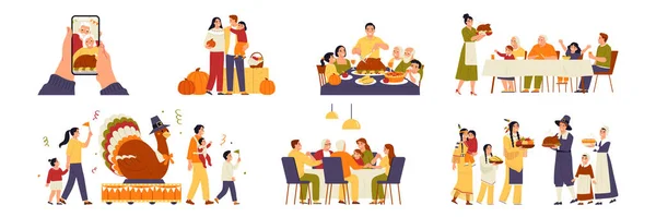 Familia Celebrando Día Acción Gracias Teniendo Cena Festiva Conjunto Plano — Vector de stock