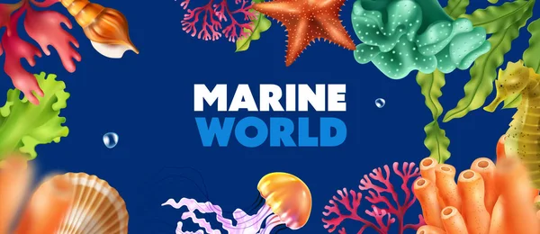 Mariene Wereld Realistische Kleurrijke Achtergrond Met Onderzeese Fauna Flora Inwoners — Stockvector