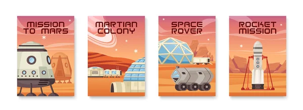 Marte Colonizzazione Poster Set Con Quattro Composizioni Verticali Testo Modificabile — Vettoriale Stock