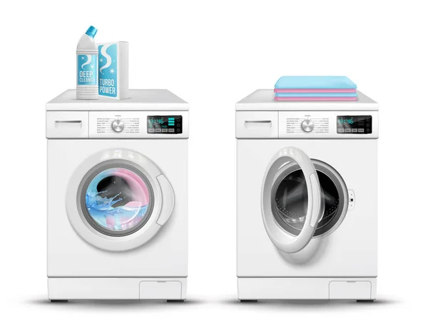 洗剤のベクトル イラストを洗浄する働くことおよびスタンバイの洗濯機の単離されたイメージが付いている現実的な洗濯機セット — ストックベクタ